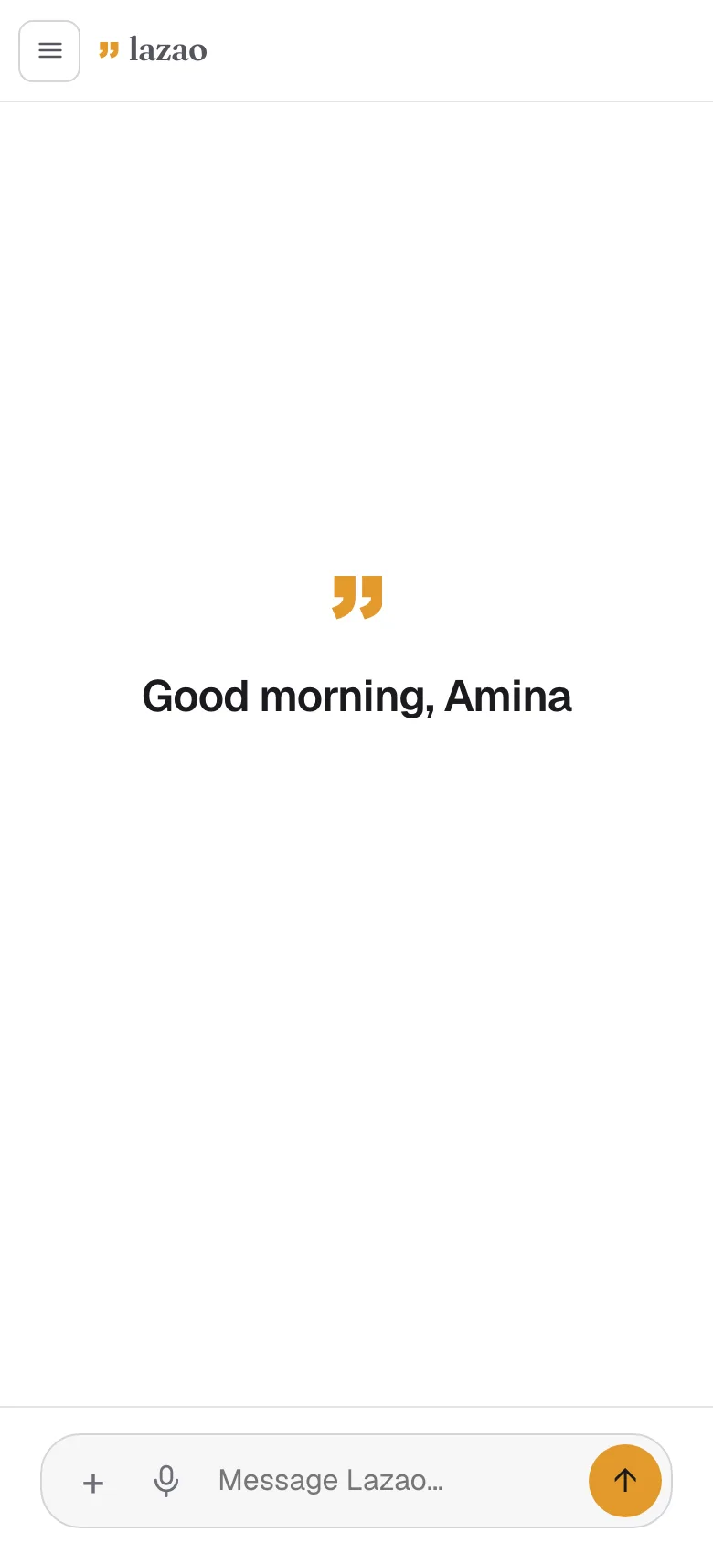Home screen of the Lazao chat on a phone: the logo, the ochre sign, “Good morning, Amina” and the input bar